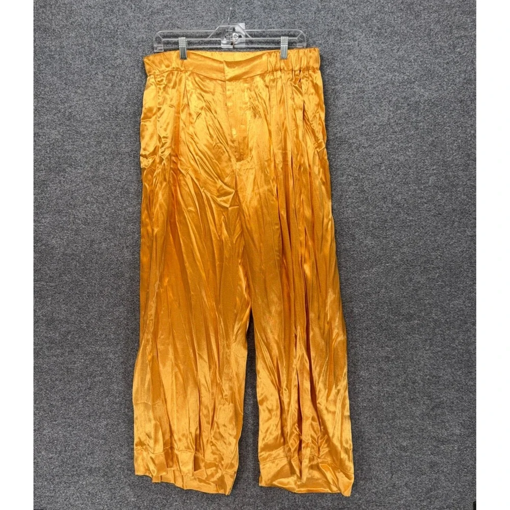 Free People Wide Leg Pants Women Large Gold Satin Pleated Boho Flowy Trousers